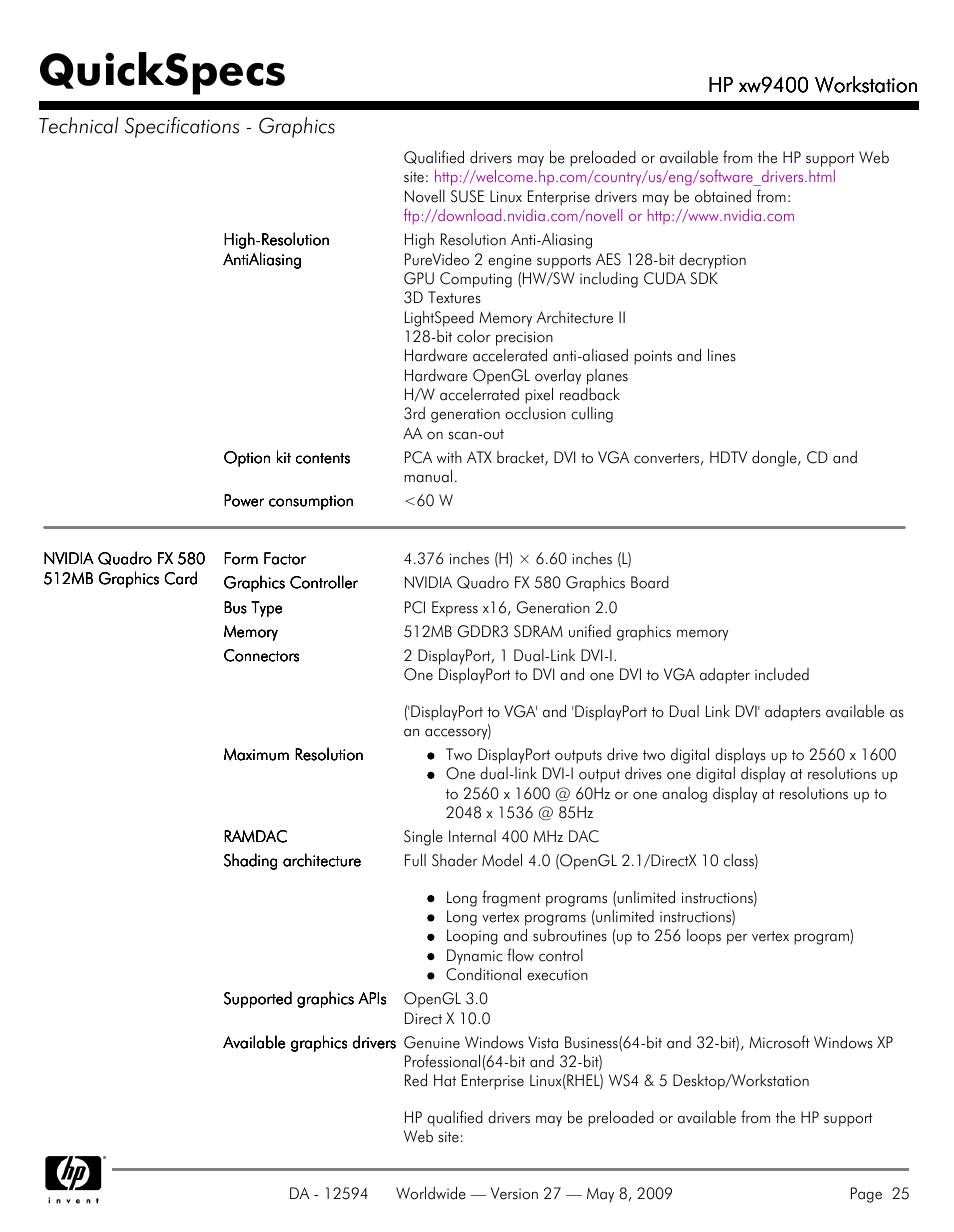 Quickspecs, Hp xw9400 workstation | HP XW9400 User Manual | Page 25 / 47