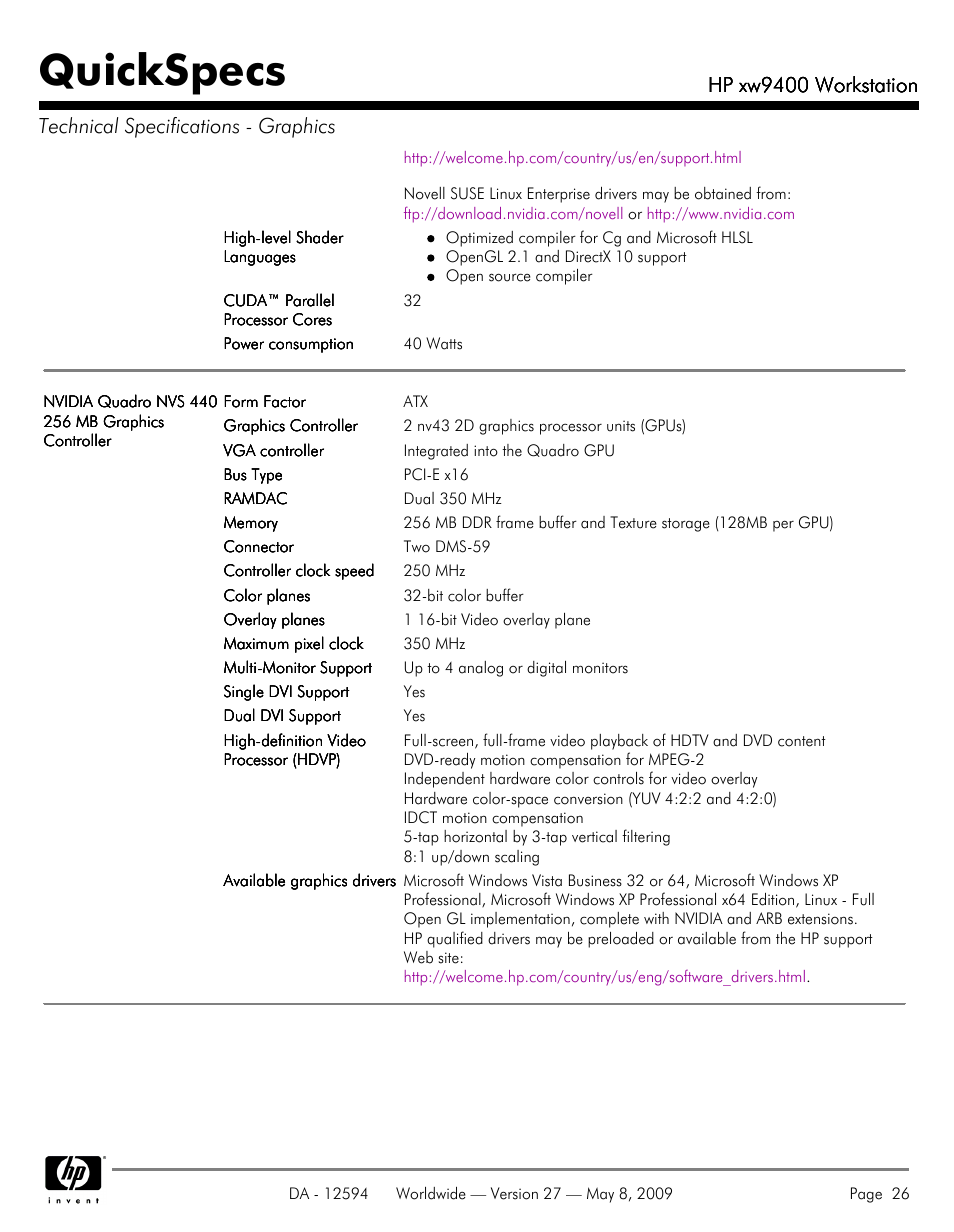 Quickspecs, Hp xw9400 workstation | HP XW9400 User Manual | Page 26 / 47
