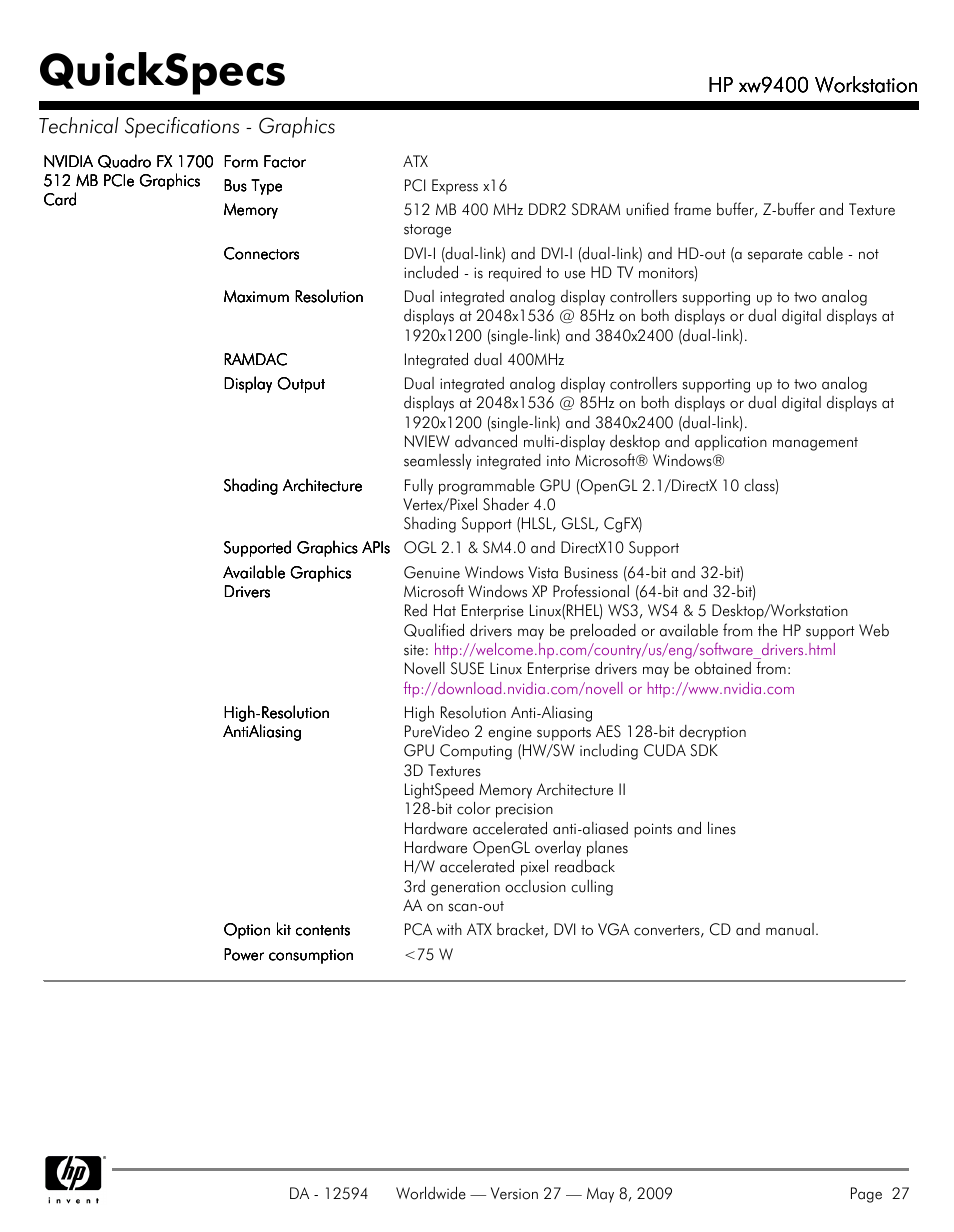Quickspecs, Hp xw9400 workstation | HP XW9400 User Manual | Page 27 / 47