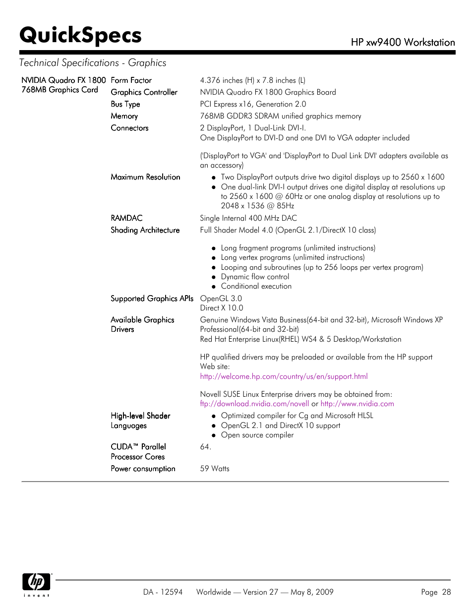 Quickspecs, Hp xw9400 workstation | HP XW9400 User Manual | Page 28 / 47