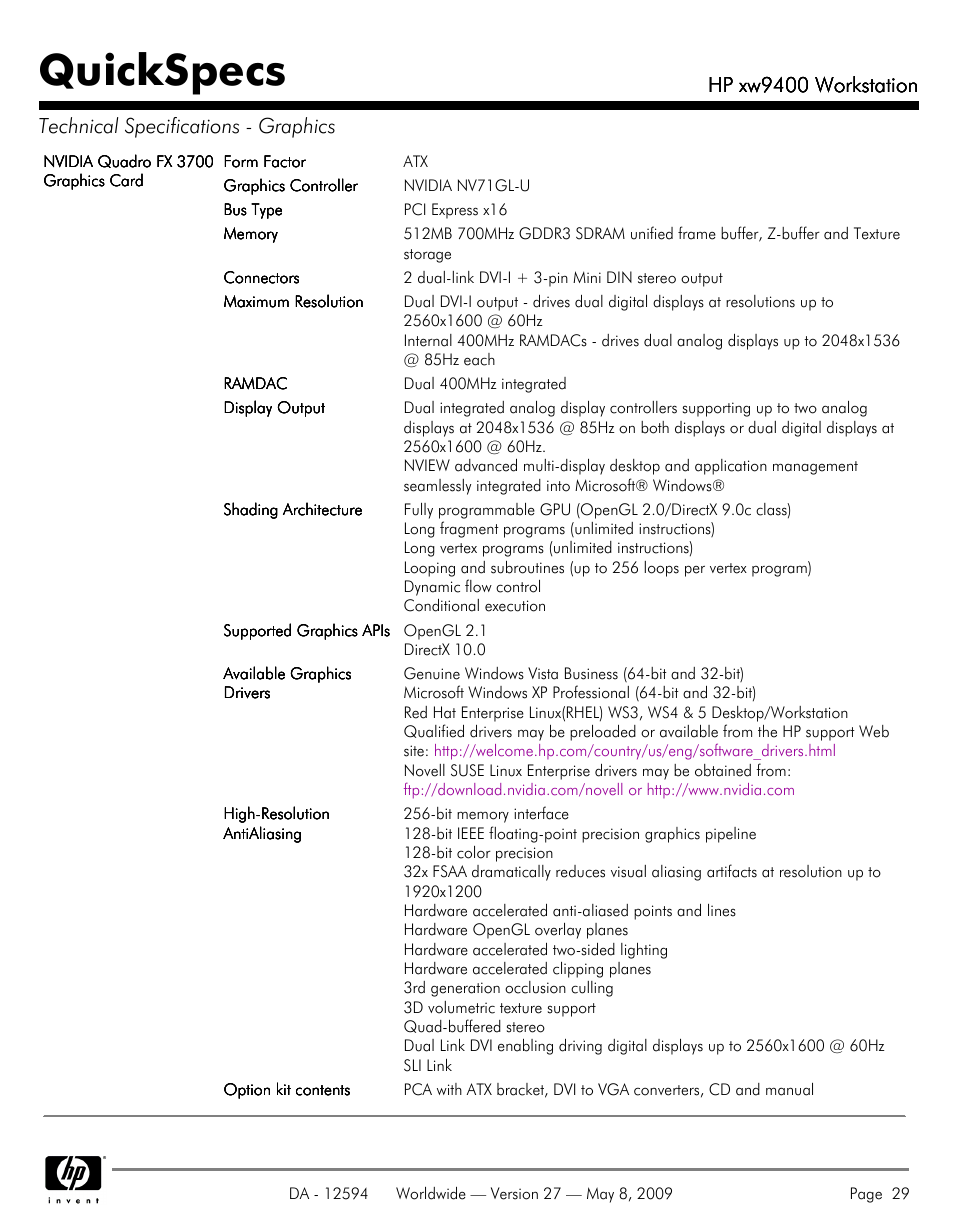 Quickspecs, Hp xw9400 workstation | HP XW9400 User Manual | Page 29 / 47