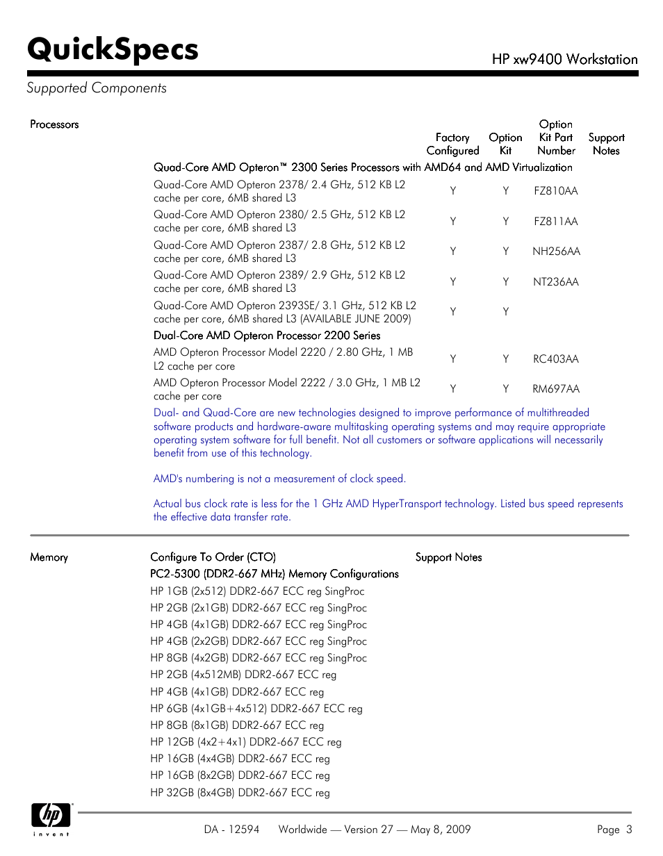 Supported components, Quickspecs, Hp xw9400 workstation | Hp xw9400 workstation supported components | HP XW9400 User Manual | Page 3 / 47