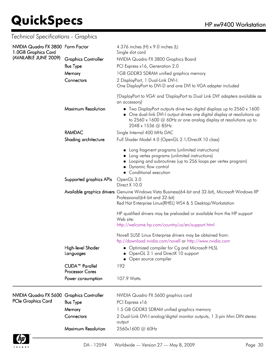 Quickspecs, Hp xw9400 workstation | HP XW9400 User Manual | Page 30 / 47