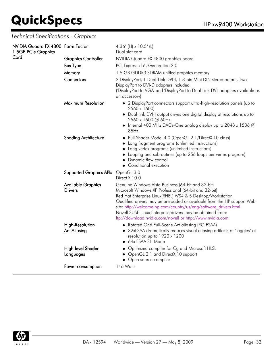 Quickspecs, Hp xw9400 workstation | HP XW9400 User Manual | Page 32 / 47