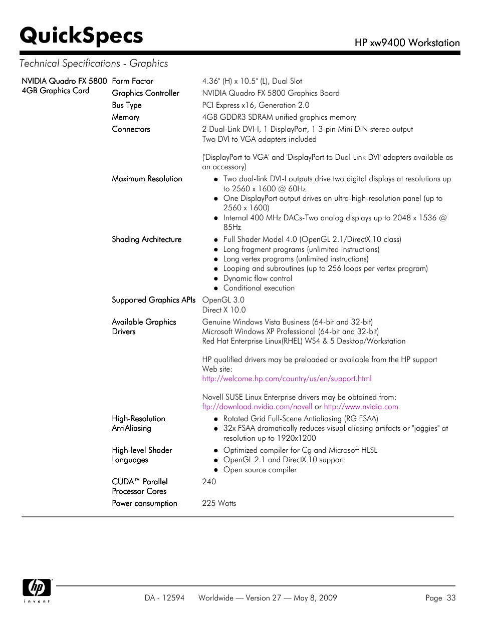 Quickspecs, Hp xw9400 workstation | HP XW9400 User Manual | Page 33 / 47