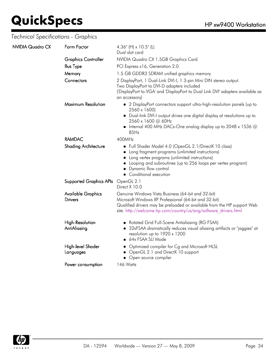 Quickspecs, Hp xw9400 workstation | HP XW9400 User Manual | Page 34 / 47