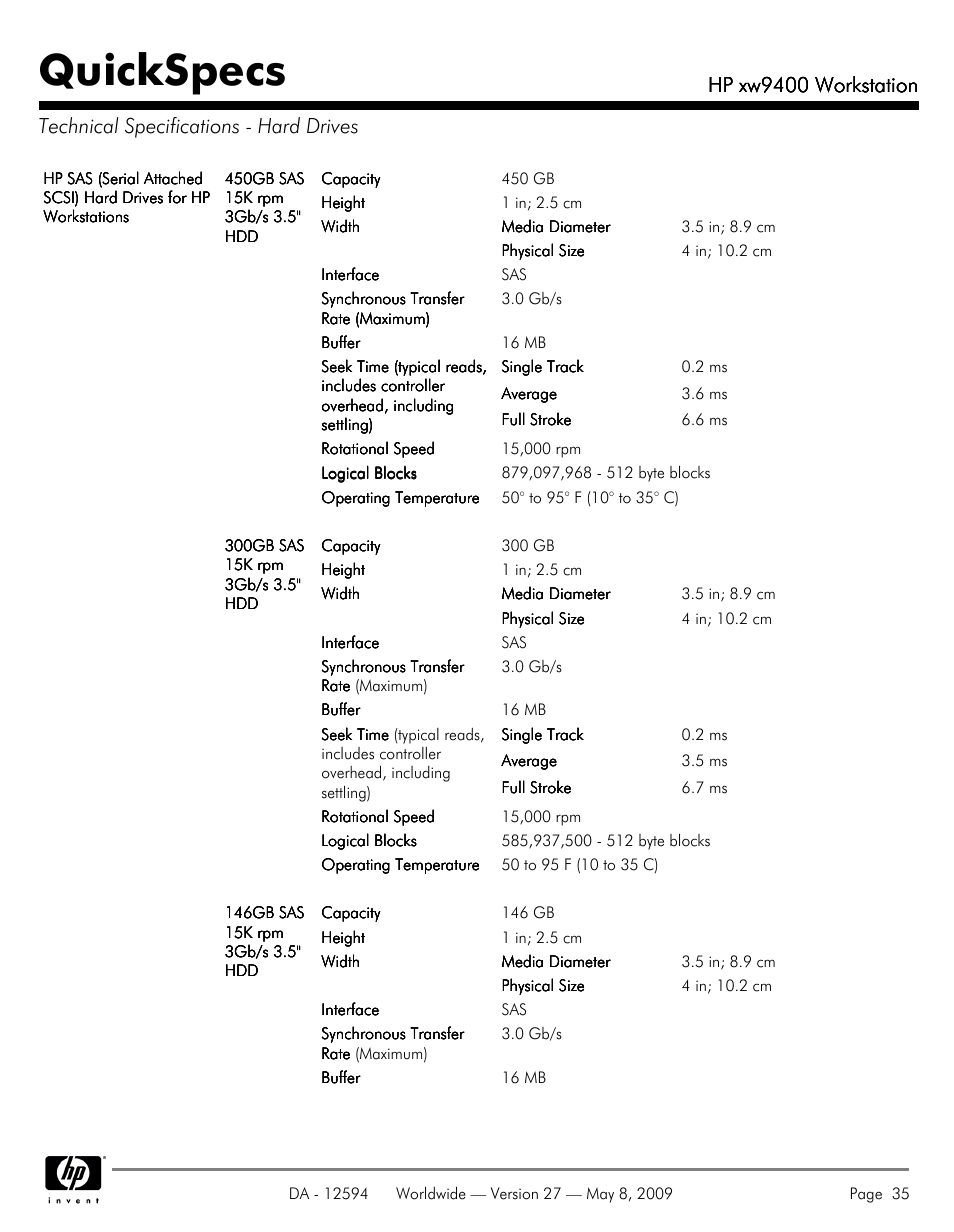 Technical specifications - hard drives, Quickspecs, Hp xw9400 workstation | HP XW9400 User Manual | Page 35 / 47