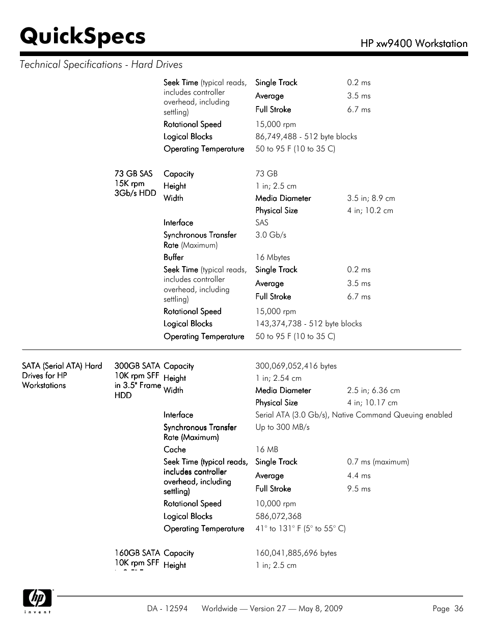 Quickspecs, Hp xw9400 workstation | HP XW9400 User Manual | Page 36 / 47