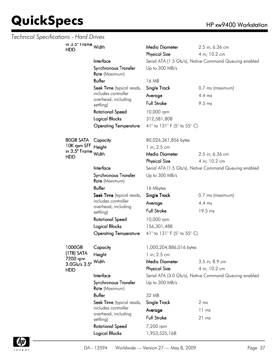 Quickspecs, Hp xw9400 workstation | HP XW9400 User Manual | Page 37 / 47