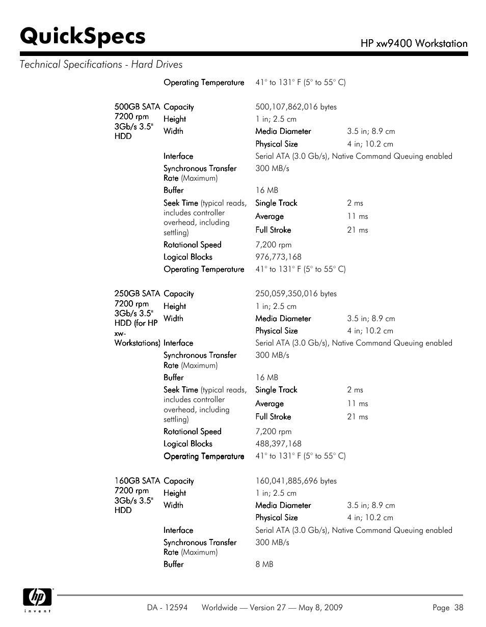 Quickspecs, Hp xw9400 workstation | HP XW9400 User Manual | Page 38 / 47