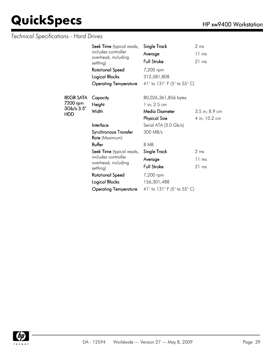 Quickspecs, Hp xw9400 workstation | HP XW9400 User Manual | Page 39 / 47