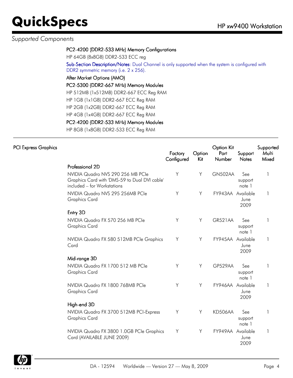 Quickspecs, Hp xw9400 workstation, Hp xw9400 workstation supported components | HP XW9400 User Manual | Page 4 / 47