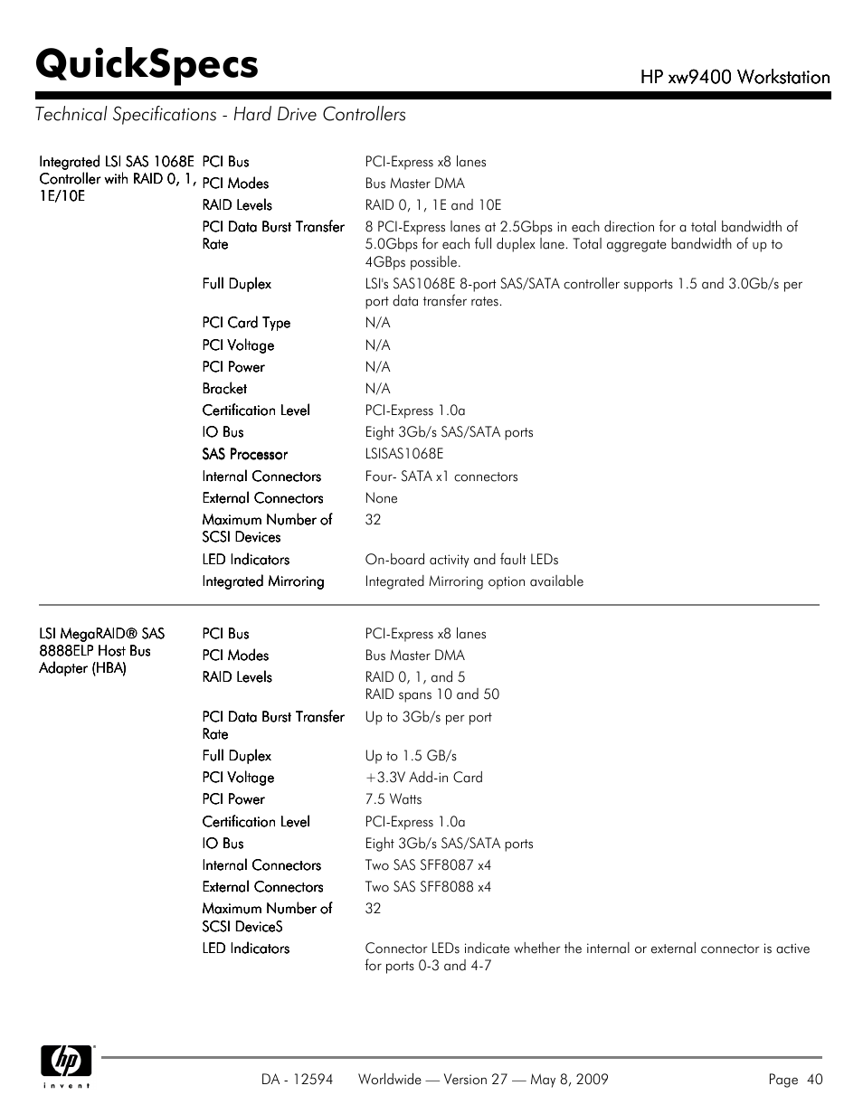 Technical specifications - hard drive controllers, Quickspecs, Hp xw9400 workstation | HP XW9400 User Manual | Page 40 / 47