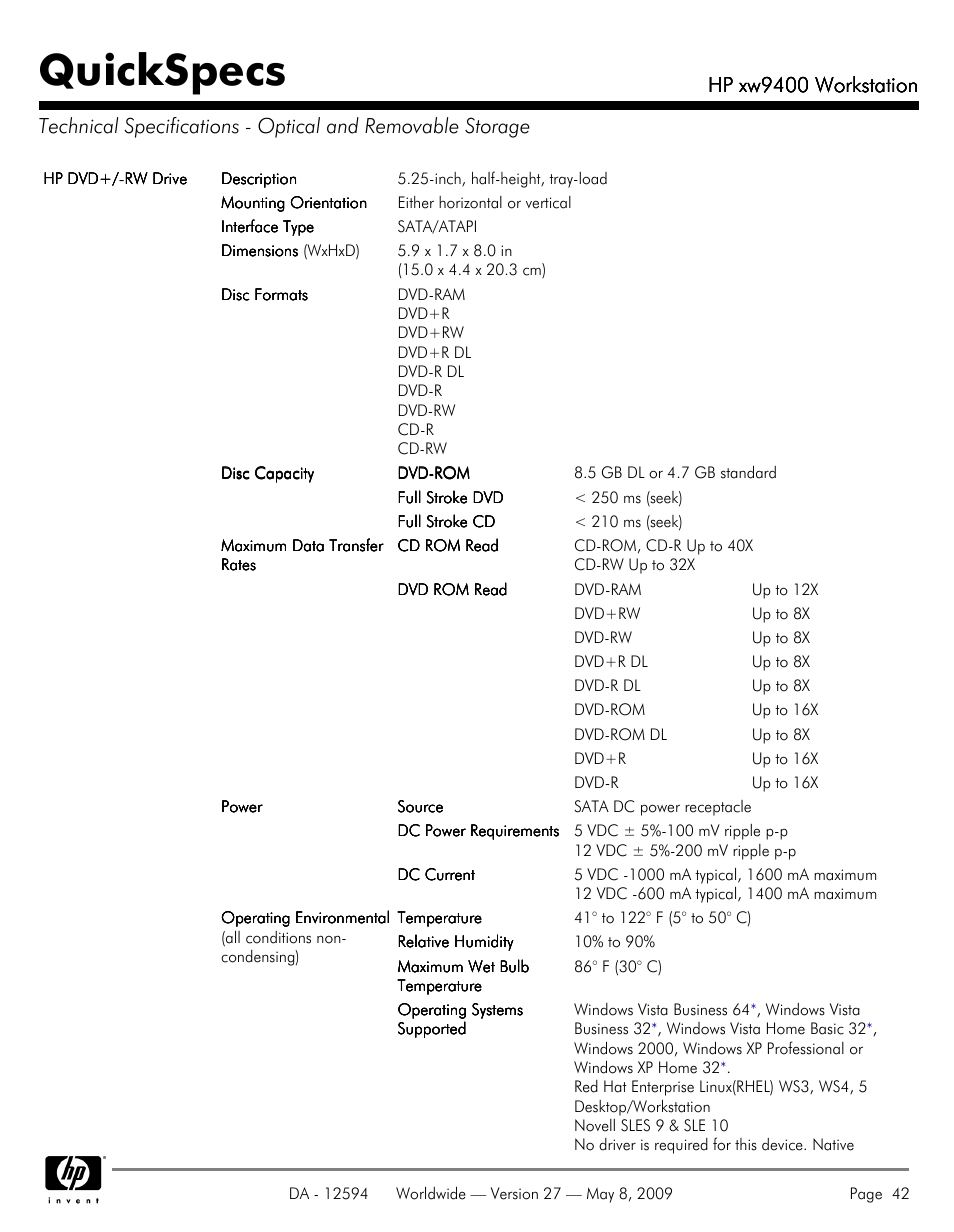 Quickspecs, Hp xw9400 workstation | HP XW9400 User Manual | Page 42 / 47