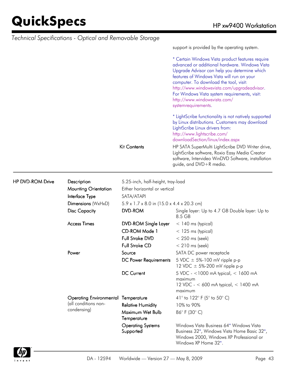 Quickspecs, Hp xw9400 workstation | HP XW9400 User Manual | Page 43 / 47