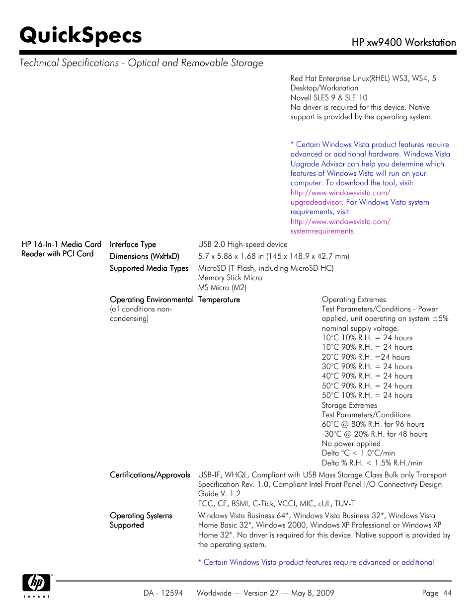 Quickspecs | HP XW9400 User Manual | Page 44 / 47