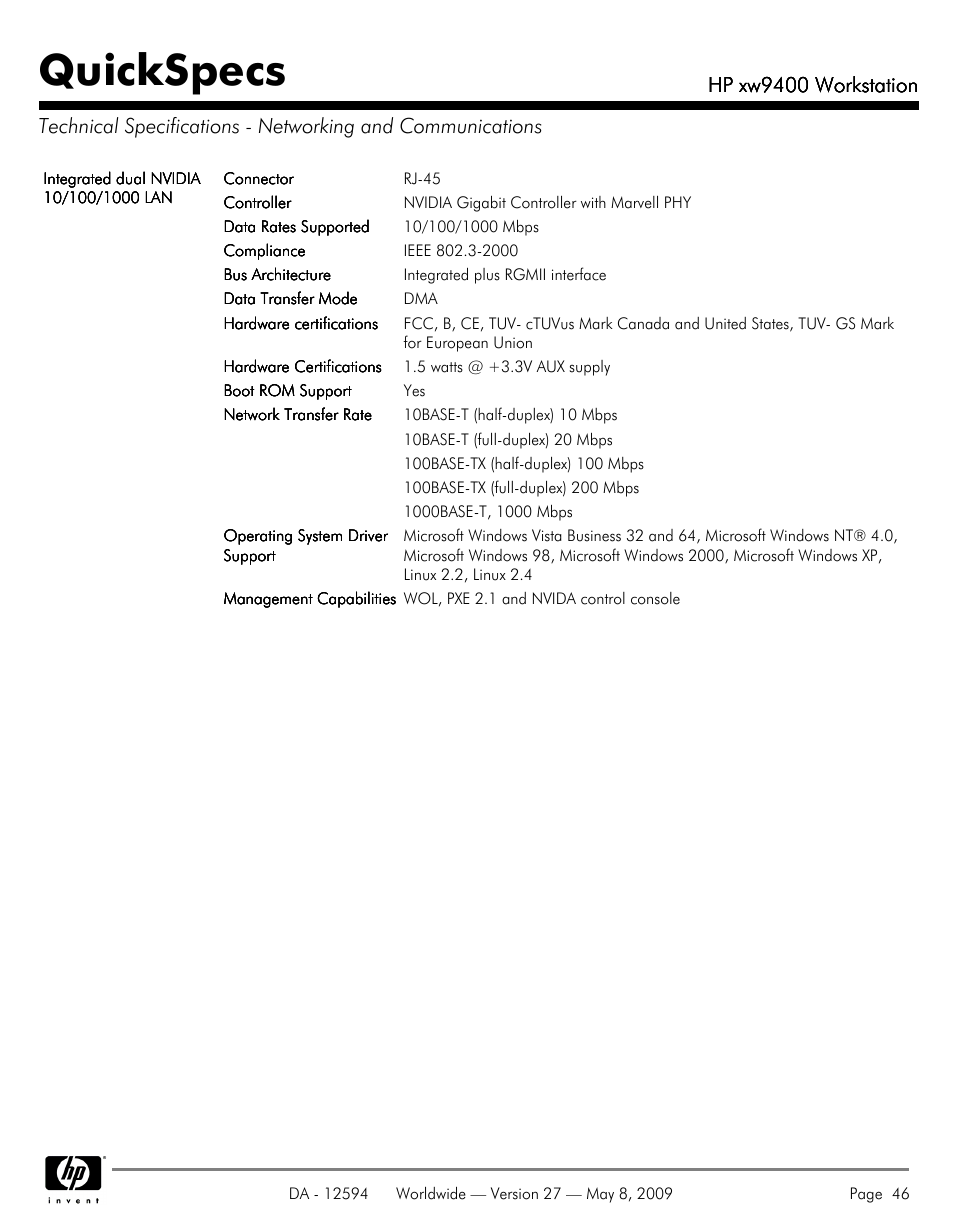 Quickspecs | HP XW9400 User Manual | Page 46 / 47