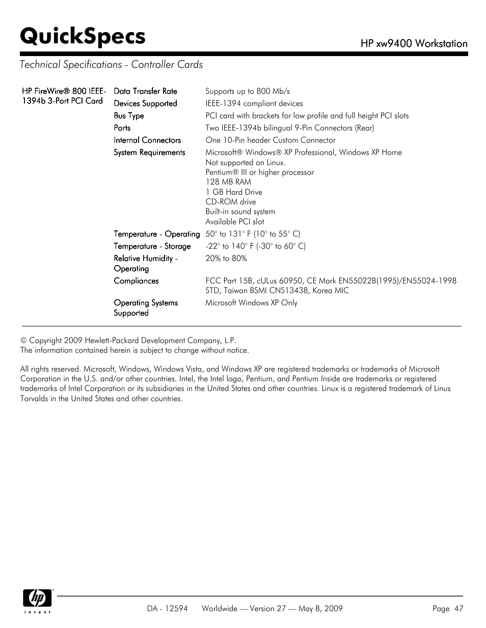 Technical specifications - controller cards, Quickspecs | HP XW9400 User Manual | Page 47 / 47