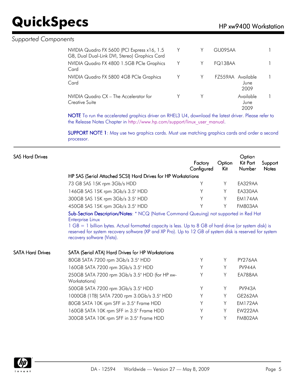 Quickspecs, Hp xw9400 workstation, Hp xw9400 workstation supported components | HP XW9400 User Manual | Page 5 / 47