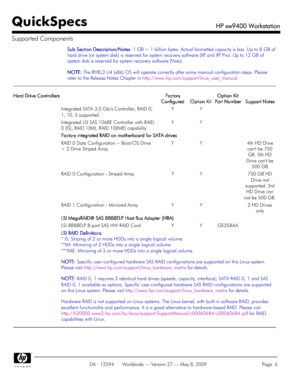 Quickspecs, Hp xw9400 workstation, Hp xw9400 workstation supported components | HP XW9400 User Manual | Page 6 / 47