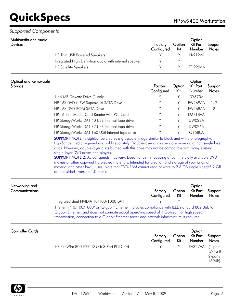 Quickspecs, Hp xw9400 workstation, Hp xw9400 workstation supported components | HP XW9400 User Manual | Page 7 / 47