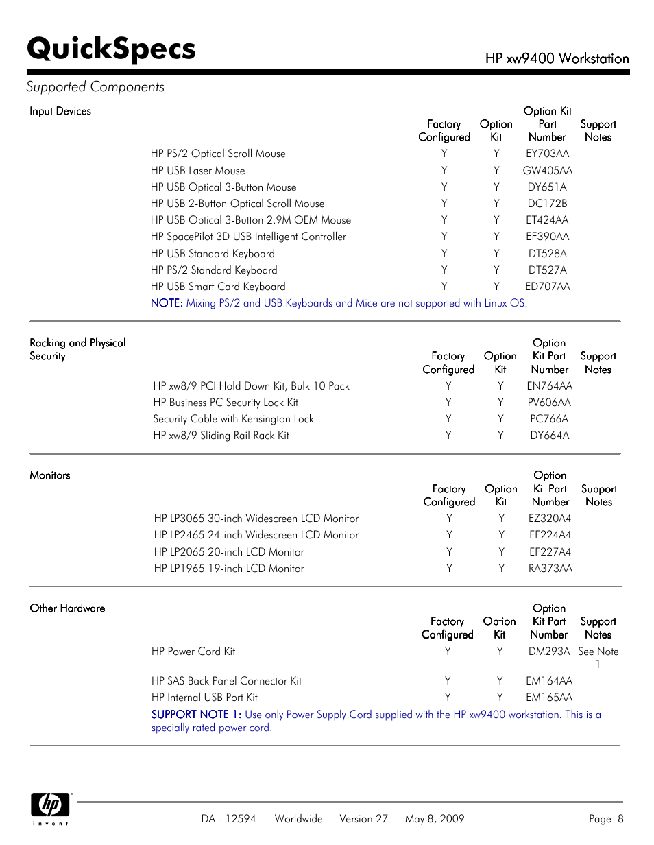 Quickspecs, Hp xw9400 workstation, Hp xw9400 workstation supported components | HP XW9400 User Manual | Page 8 / 47