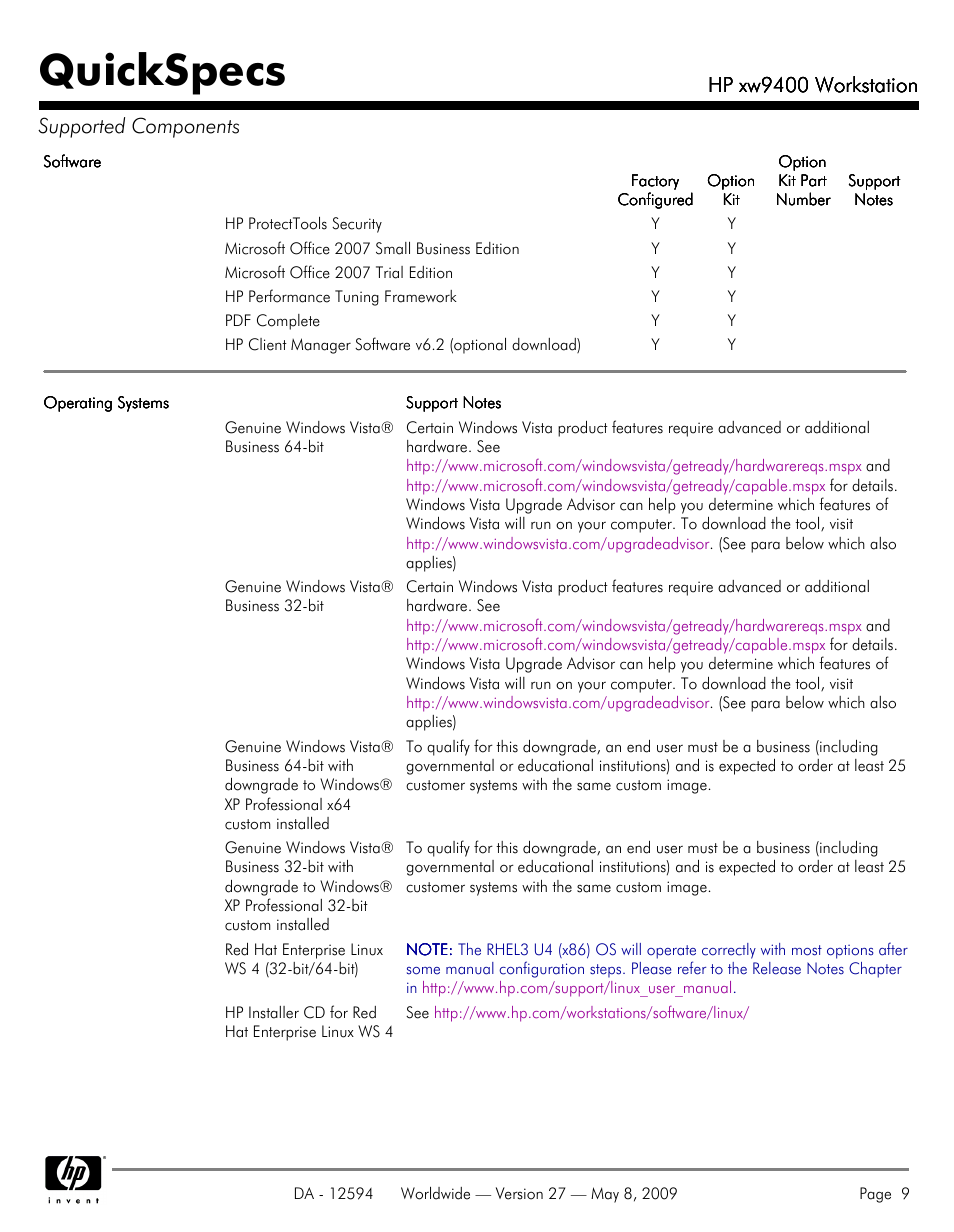 Quickspecs, Hp xw9400 workstation, Hp xw9400 workstation supported components | HP XW9400 User Manual | Page 9 / 47
