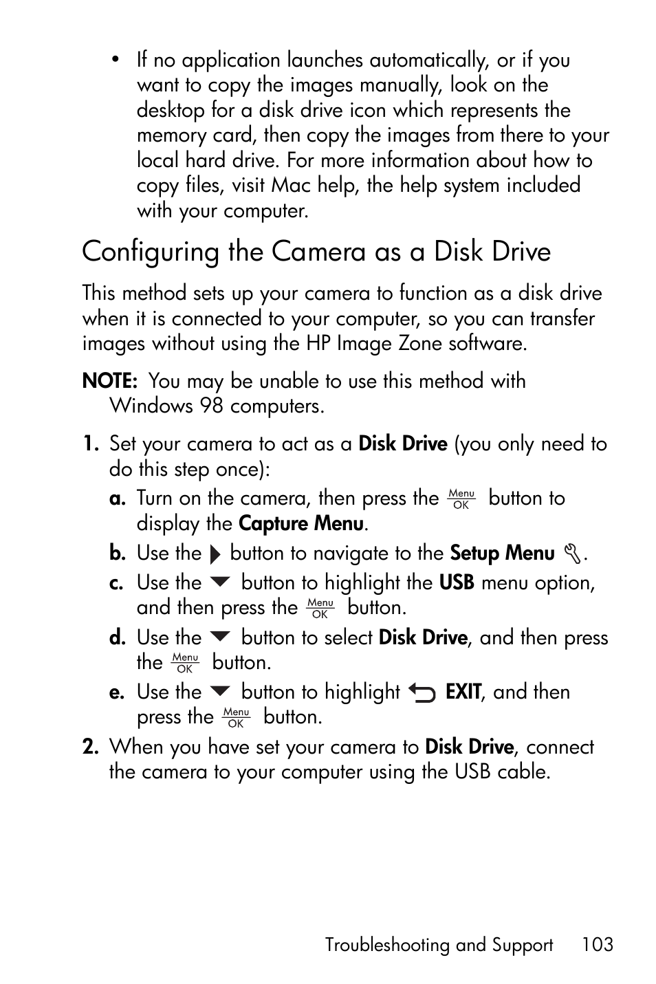Configuring the camera as a disk drive, Configuring the camera as a, Disk drive | HP M417/M517 User Manual | Page 103 / 177