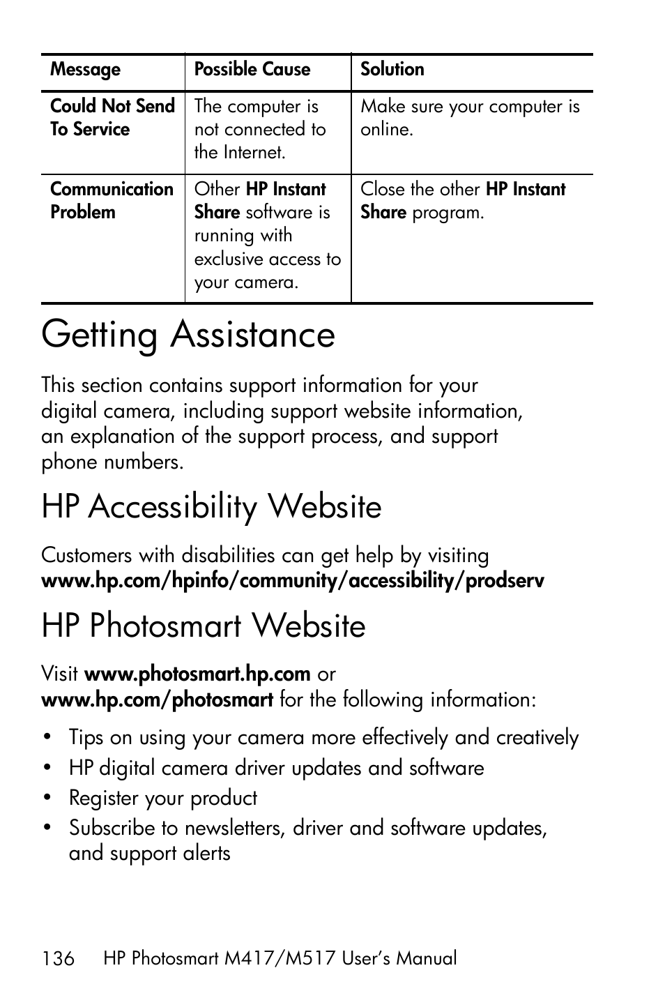Getting assistance, Hp accessibility website, Hp photosmart website | HP M417/M517 User Manual | Page 136 / 177