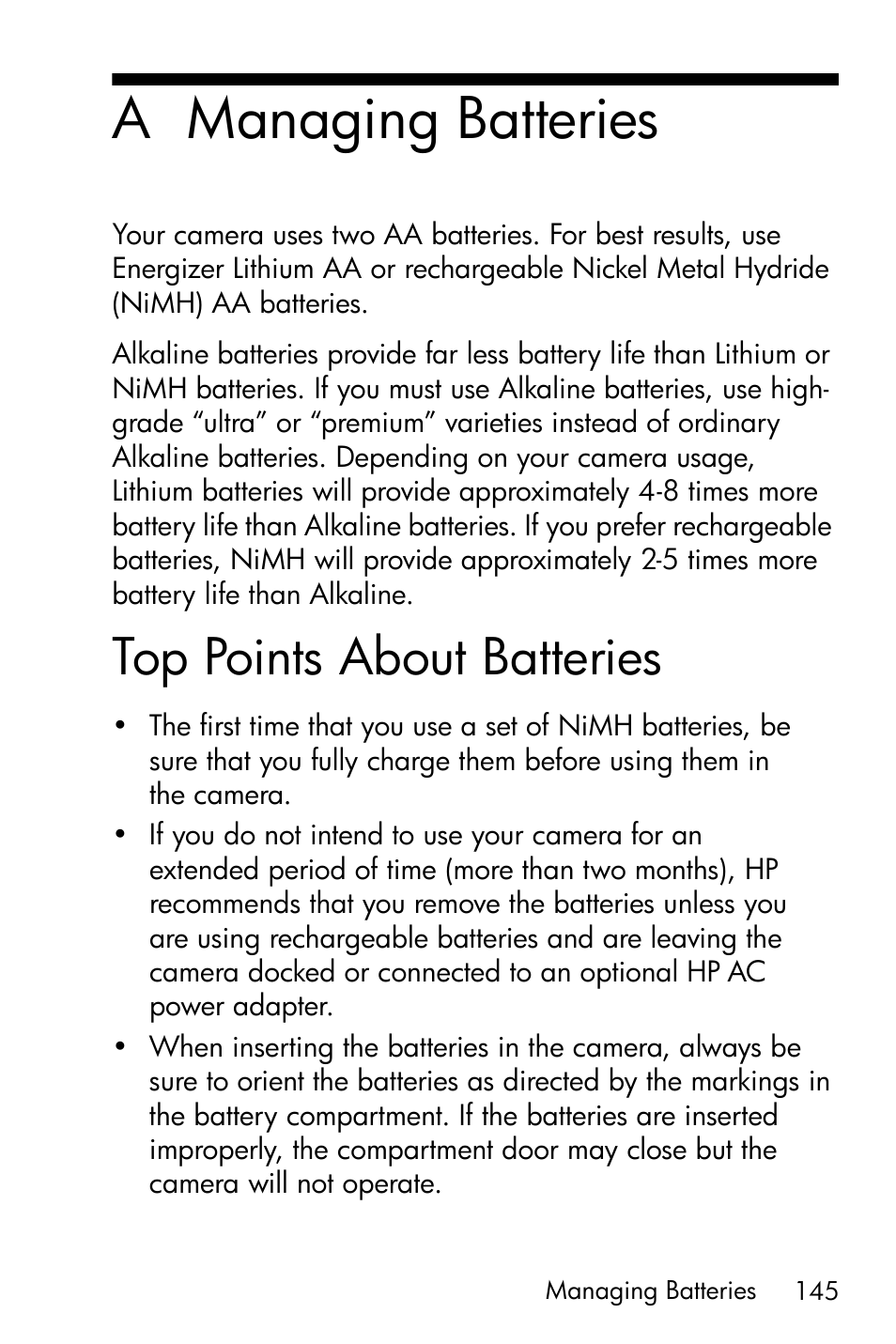 Managing batteries, Top points about batteries, A managing batteries | HP M417/M517 User Manual | Page 145 / 177