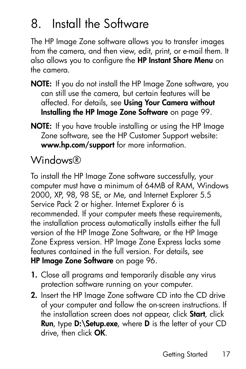 Install the software, Windows, 8 install the software | HP M417/M517 User Manual | Page 17 / 177