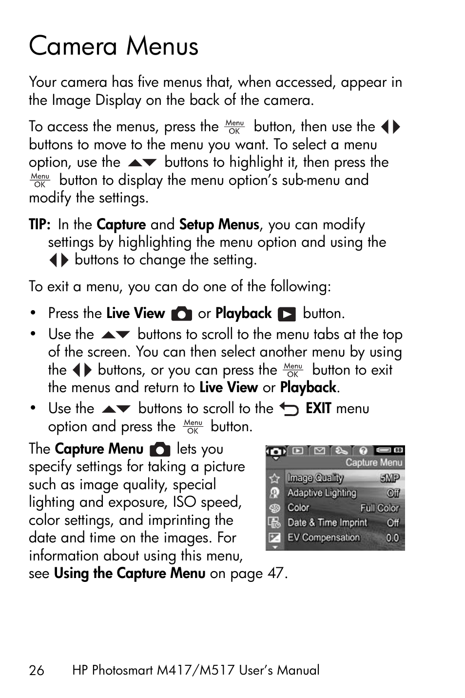 Camera menus | HP M417/M517 User Manual | Page 26 / 177