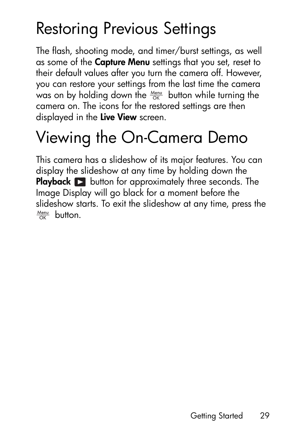 Restoring previous settings, Viewing the on-camera demo | HP M417/M517 User Manual | Page 29 / 177