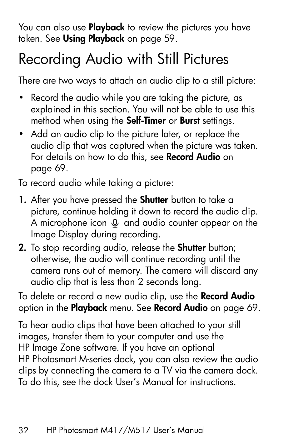 Recording audio with still pictures | HP M417/M517 User Manual | Page 32 / 177