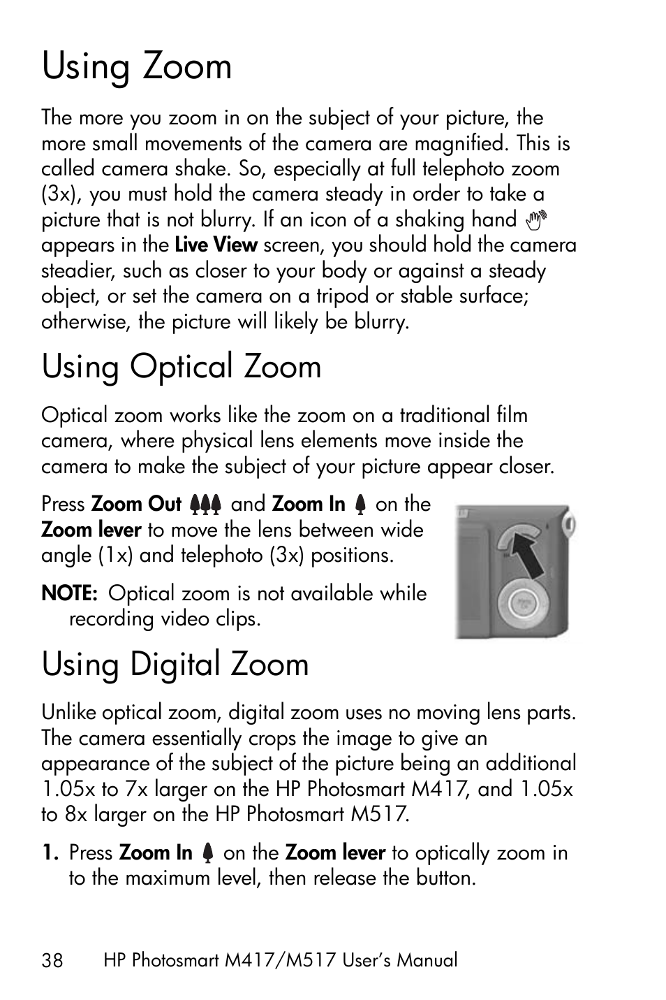 Using zoom, Using optical zoom, Using digital zoom | HP M417/M517 User Manual | Page 38 / 177