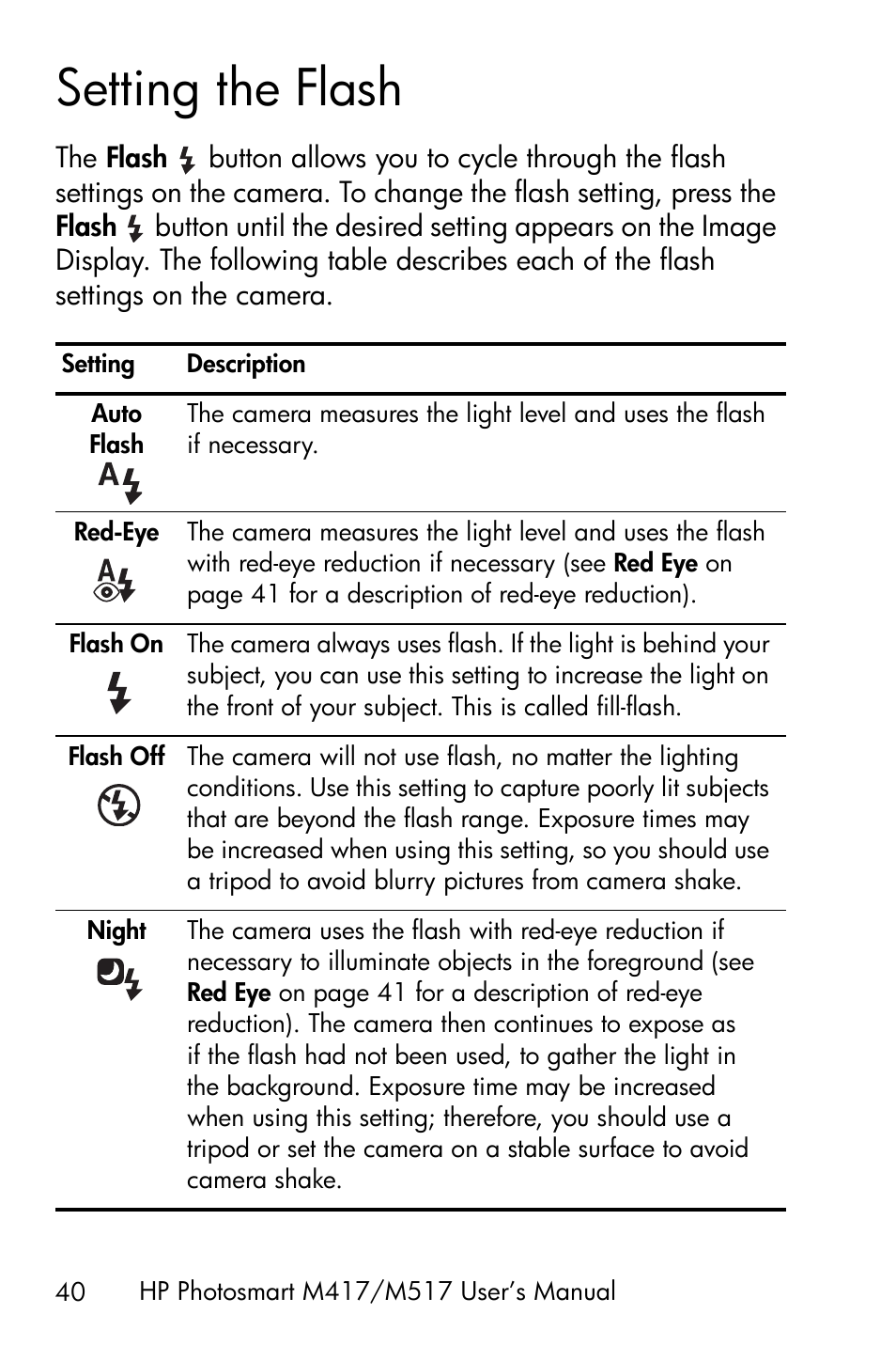 Setting the flash | HP M417/M517 User Manual | Page 40 / 177