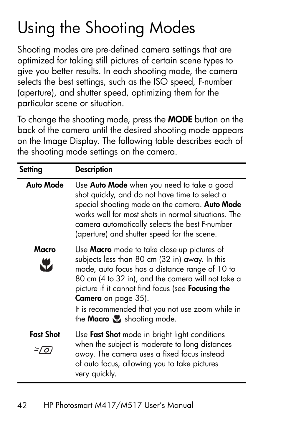 Using the shooting modes, Ee using the shooting modes, Using the shooting modes on | HP M417/M517 User Manual | Page 42 / 177