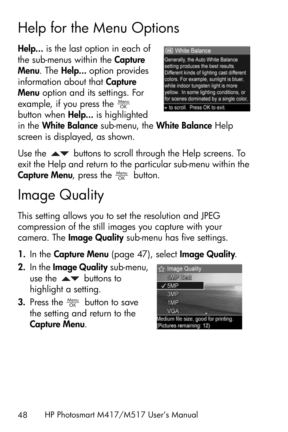 Help for the menu options, Image quality | HP M417/M517 User Manual | Page 48 / 177