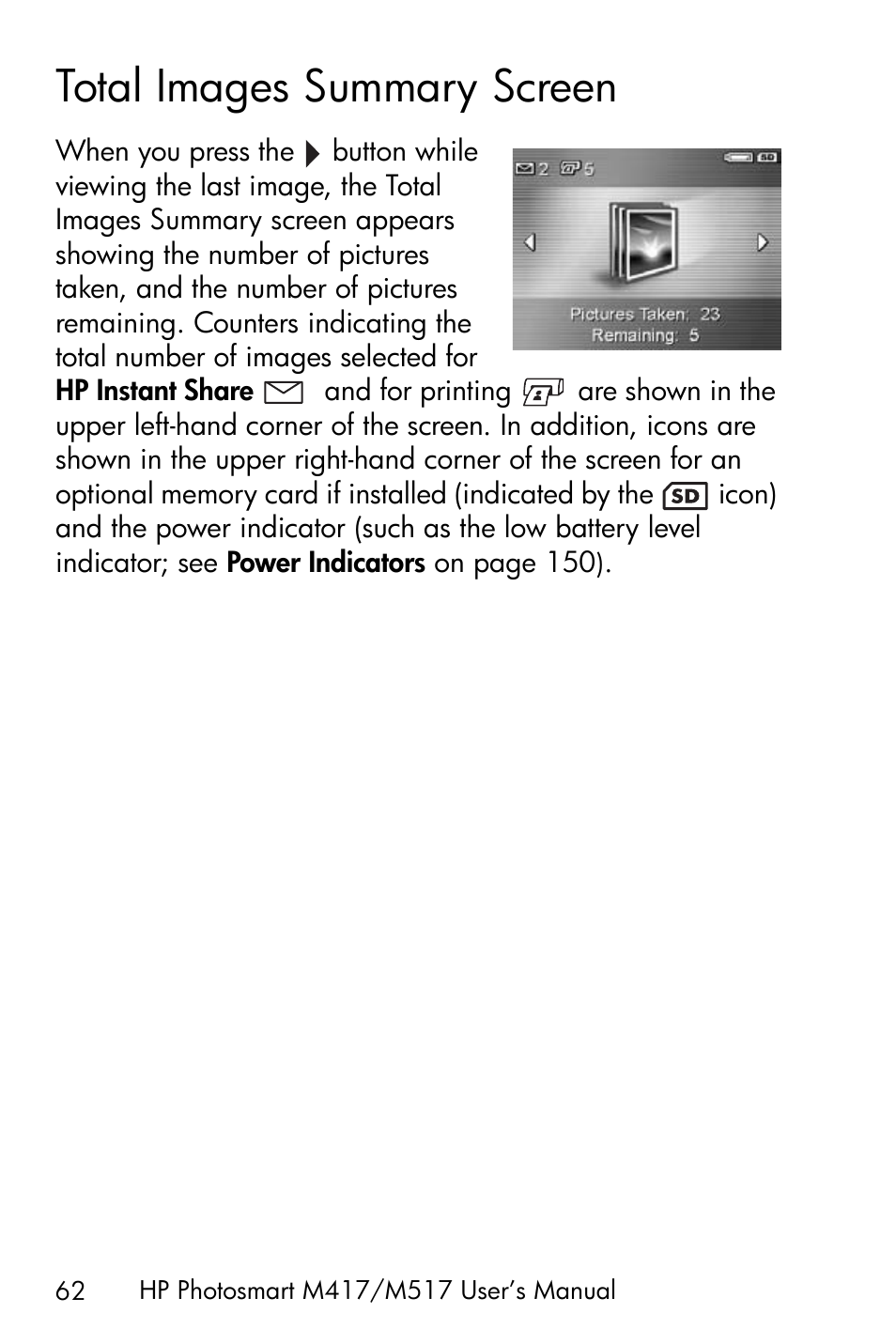 Total images summary screen, Total images summary | HP M417/M517 User Manual | Page 62 / 177