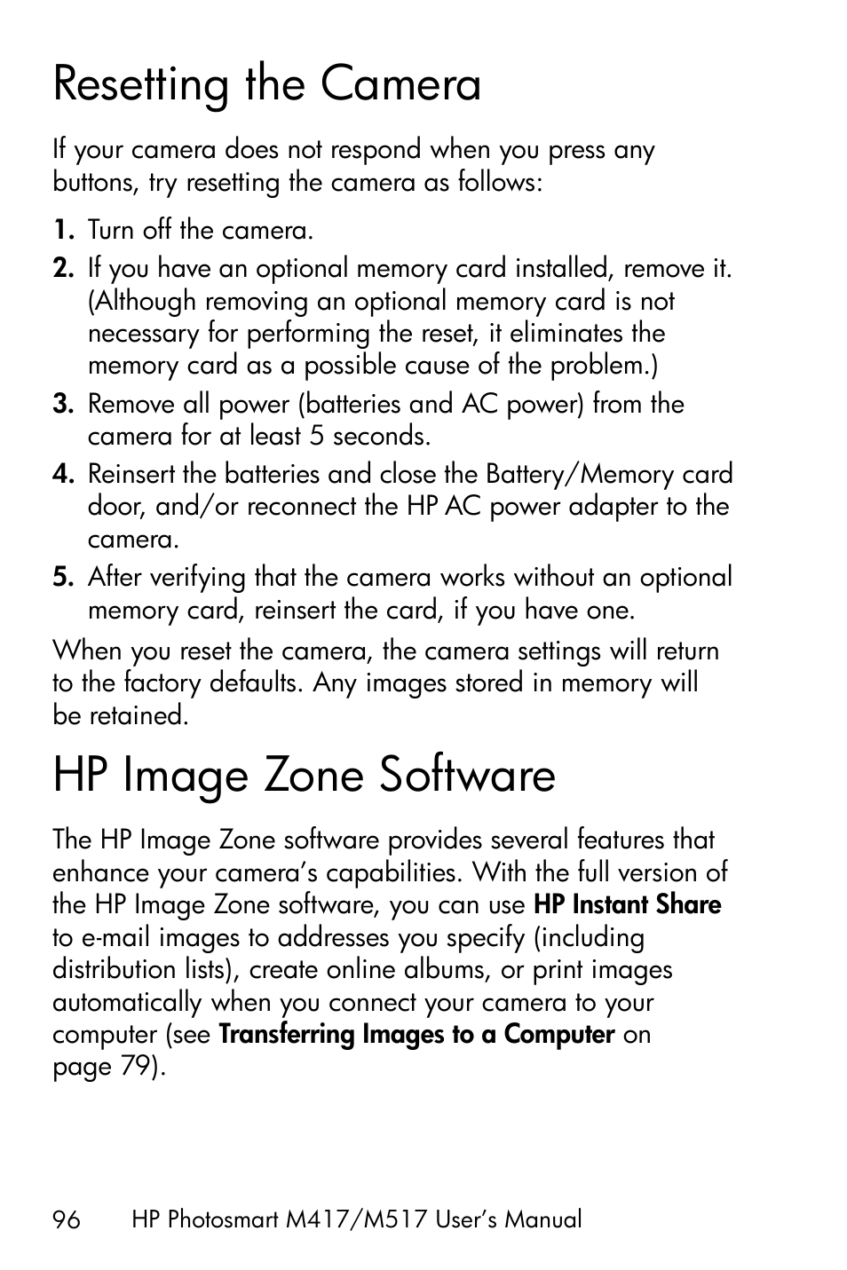 Resetting the camera, Hp image zone software | HP M417/M517 User Manual | Page 96 / 177