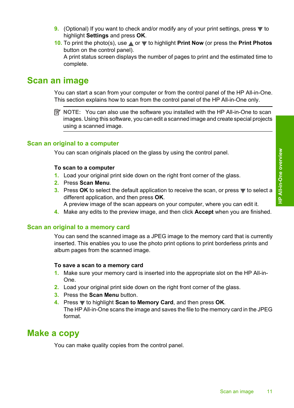 Scan an image, Scan an original to a computer, Scan an original to a memory card | Make a copy, Scan an image make a copy | HP C5200 User Manual | Page 13 / 31