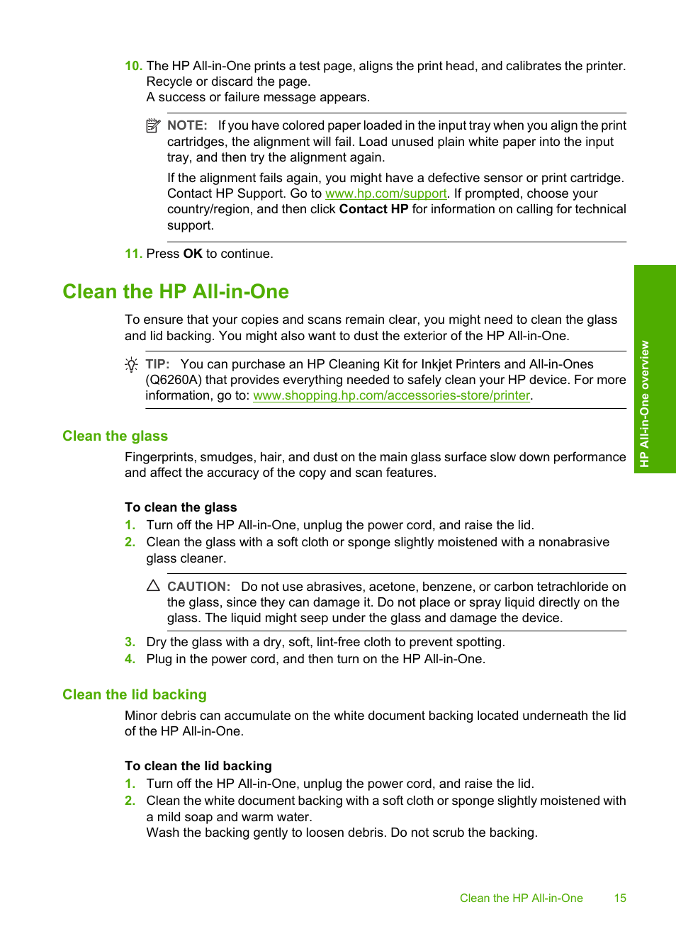 Clean the hp all-in-one, Clean the glass, Clean the lid backing | HP C5200 User Manual | Page 17 / 31