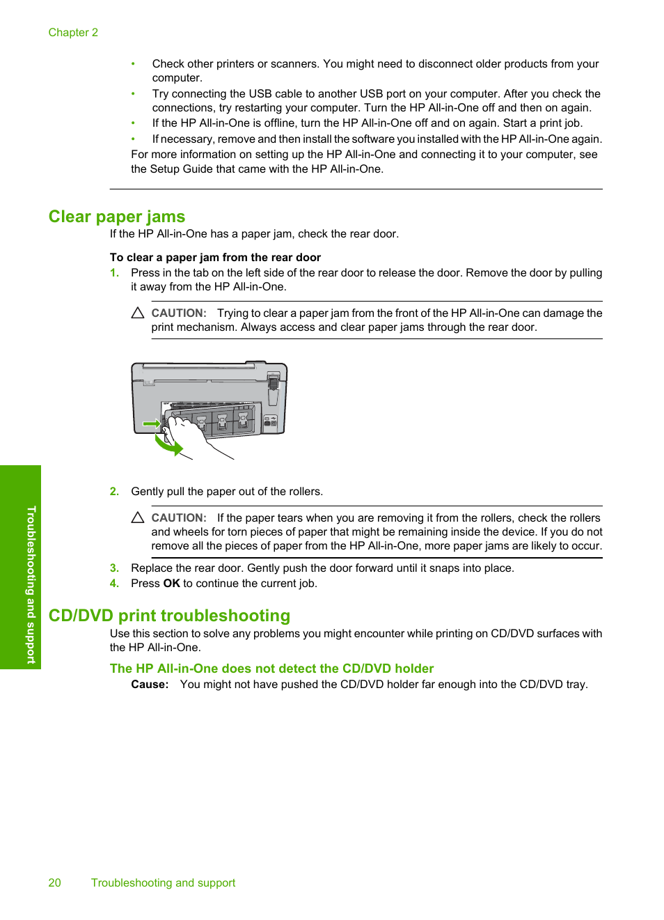 Clear paper jams, Cd/dvd print troubleshooting, Clear paper jams cd/dvd print troubleshooting | HP C5200 User Manual | Page 22 / 31