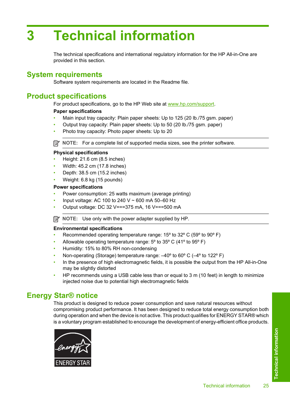 Technical information, System requirements, Product specifications | Energy star® notice, 3 technical information, 3technical information | HP C5200 User Manual | Page 27 / 31