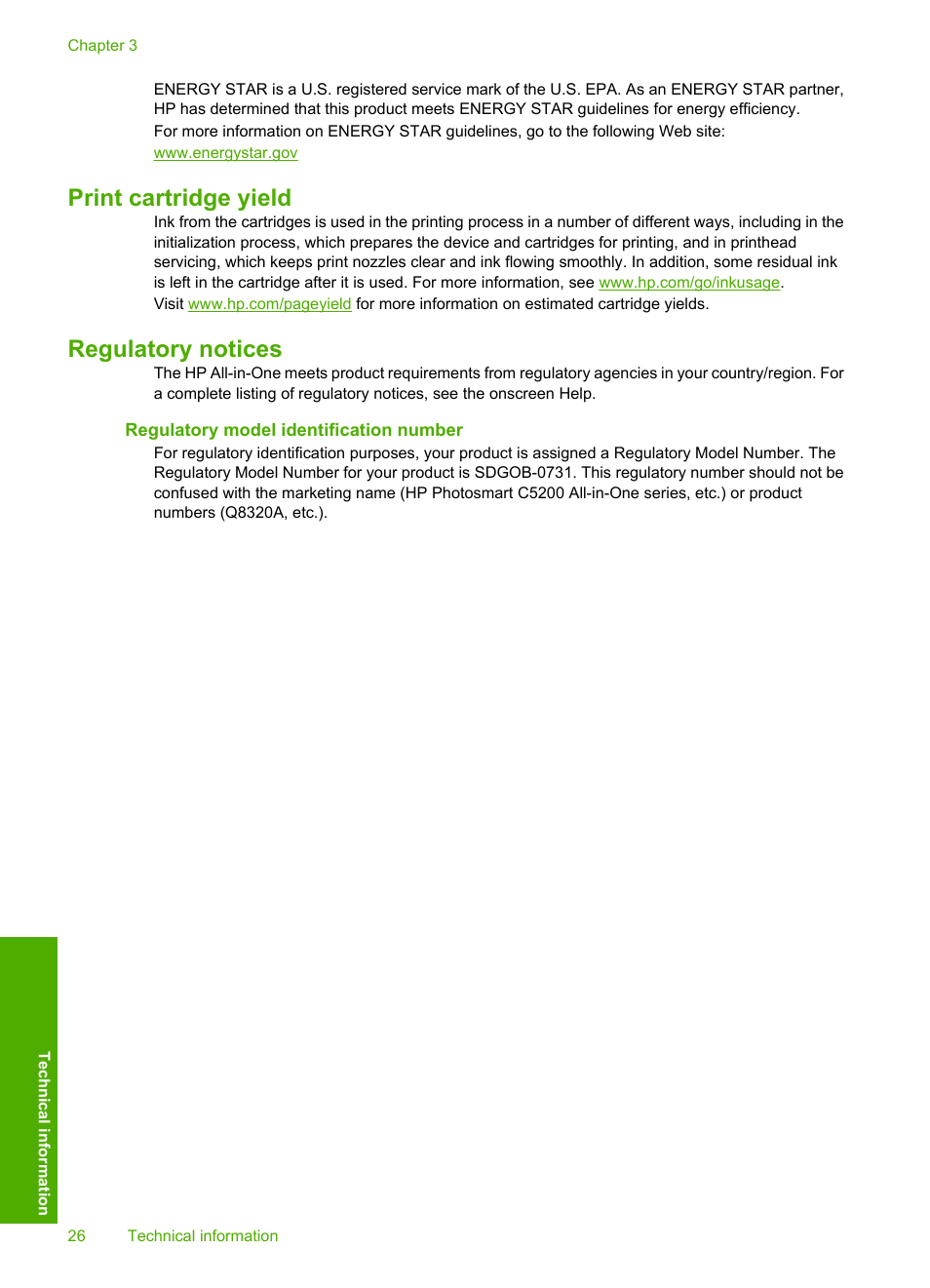 Print cartridge yield, Regulatory notices, Regulatory model identification number | Print cartridge yield regulatory notices | HP C5200 User Manual | Page 28 / 31