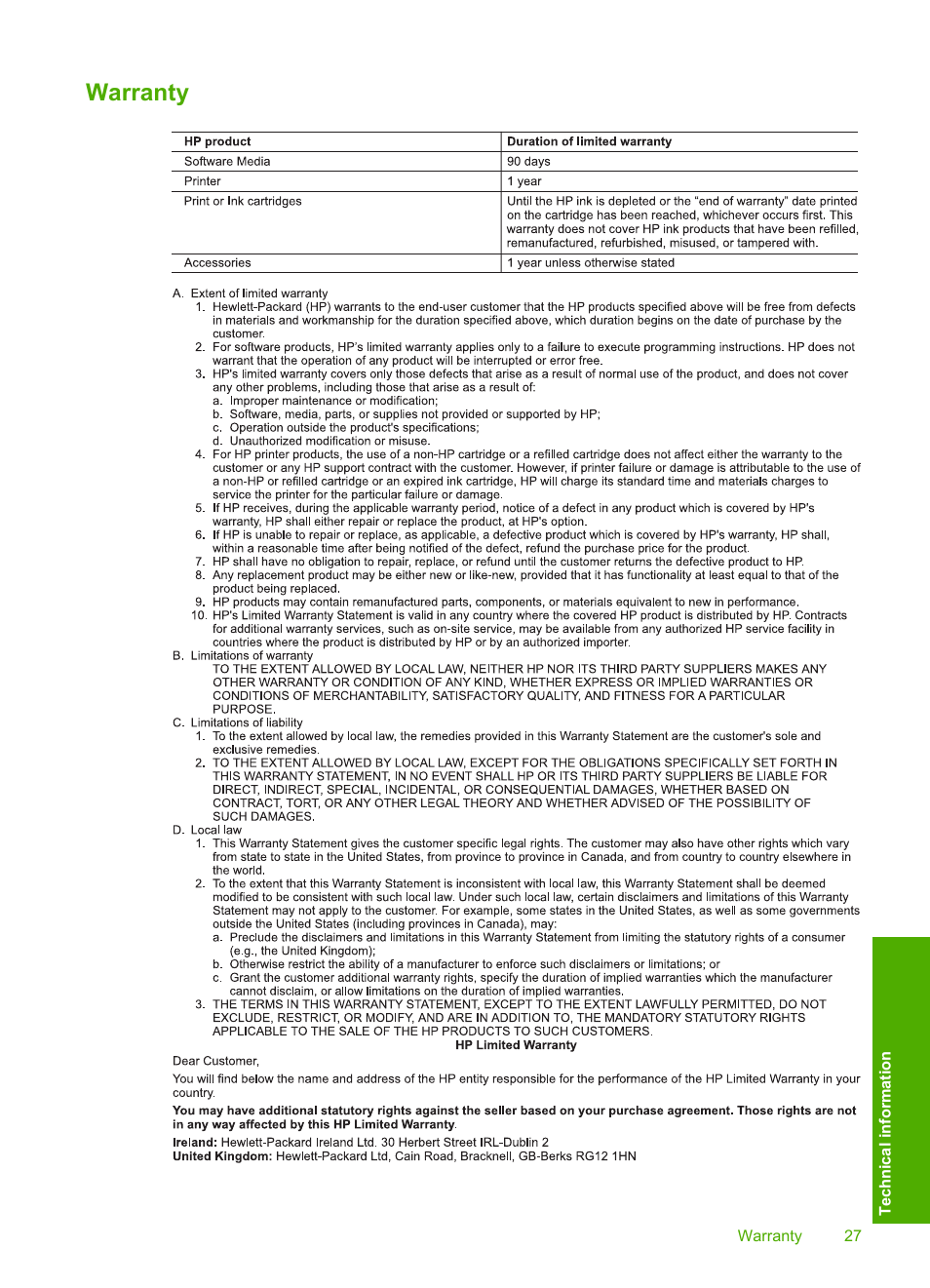 Warranty | HP C5200 User Manual | Page 29 / 31