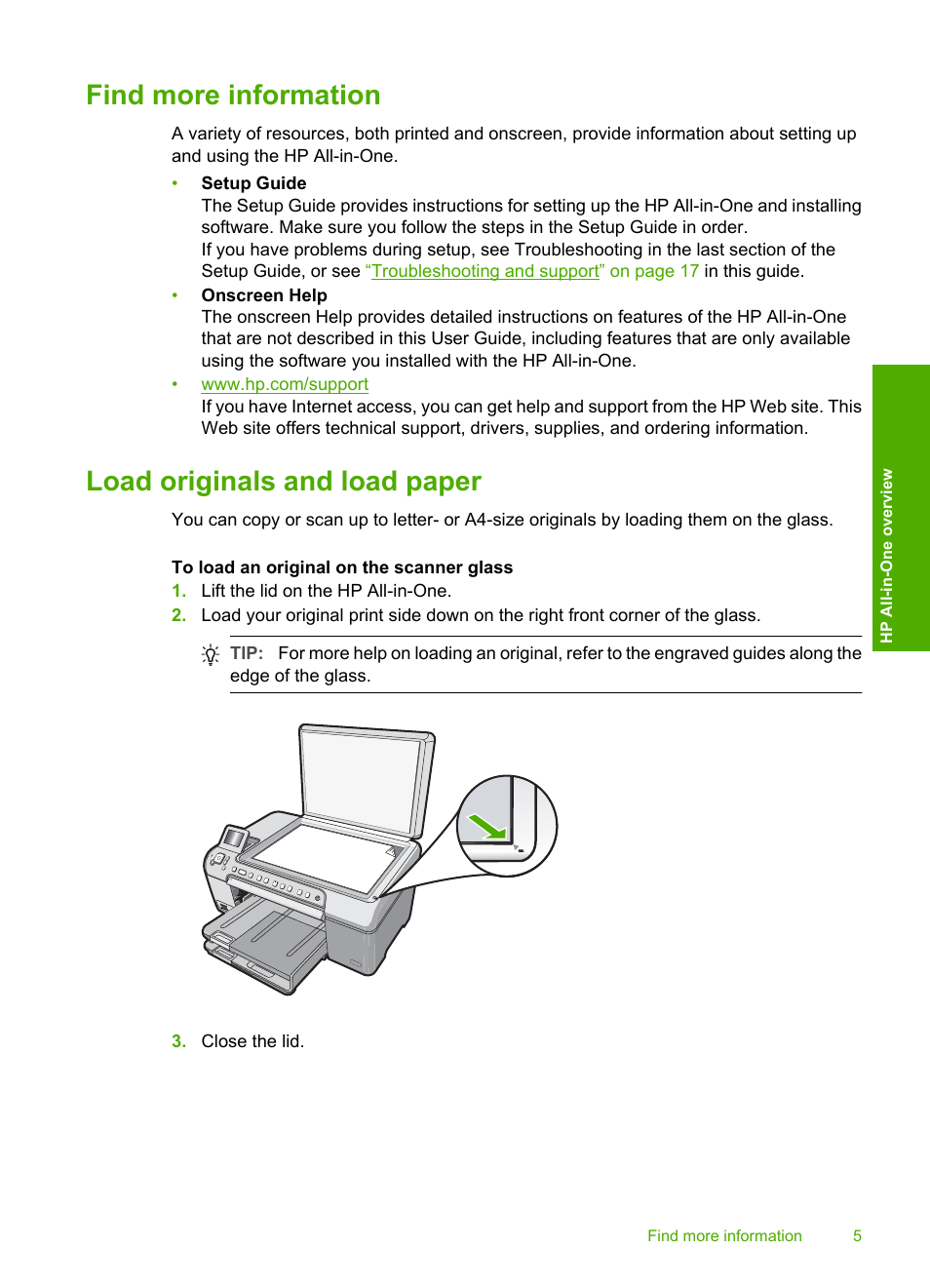 Find more information, Load originals and load paper | HP C5200 User Manual | Page 7 / 31