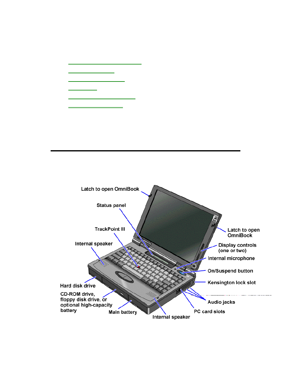 Getting comfortable, Identifying parts of the omnibook | HP OmniBook User Manual | Page 6 / 69