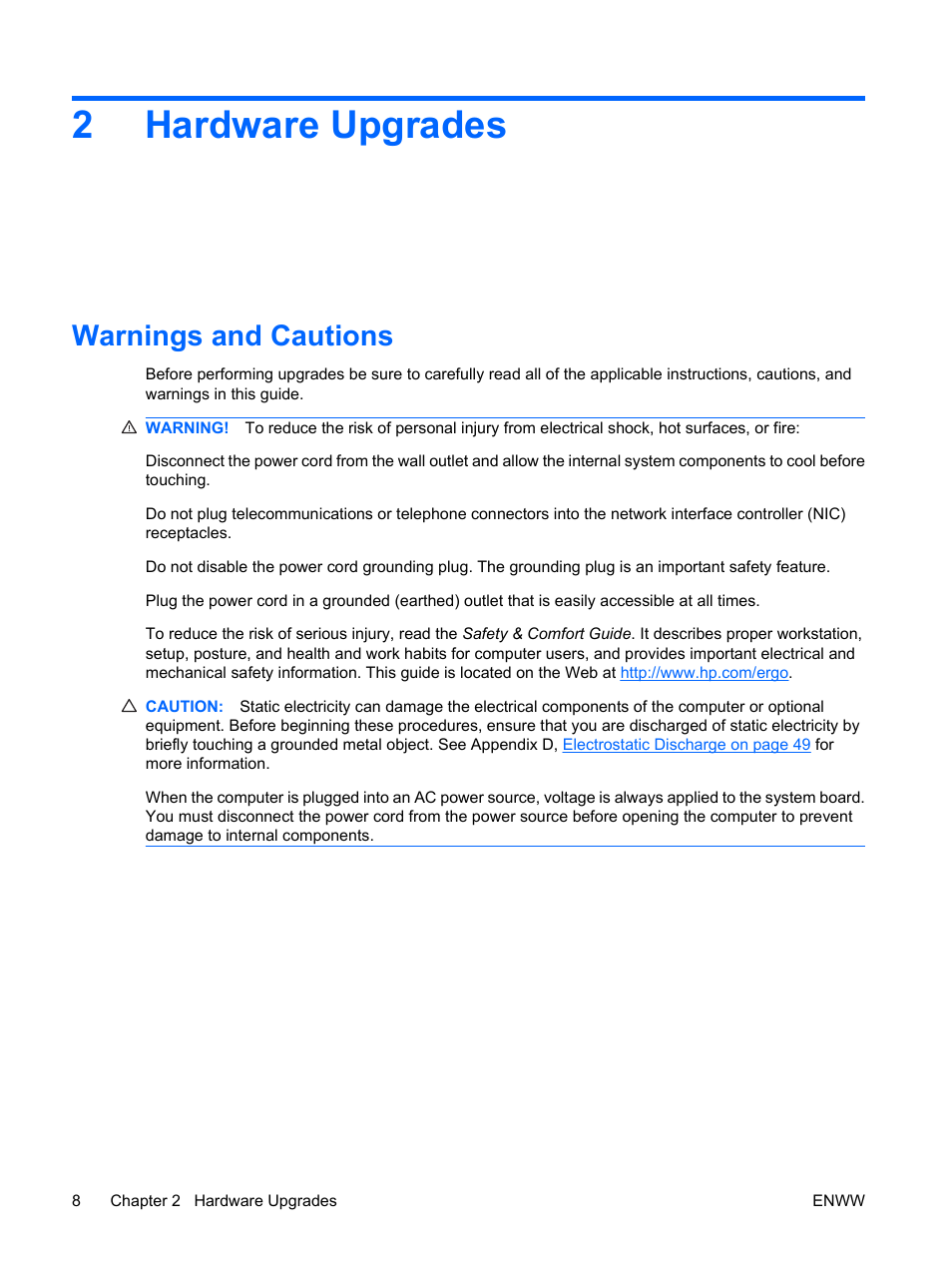 Hardware upgrades, Warnings and cautions, 2 hardware upgrades | 2hardware upgrades | HP DX2400 User Manual | Page 14 / 59