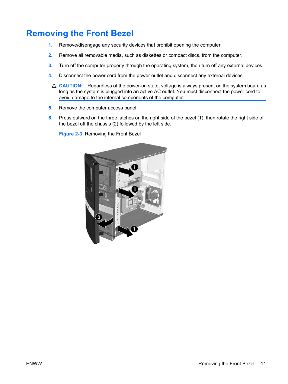 Removing the front bezel | HP DX2400 User Manual | Page 17 / 59